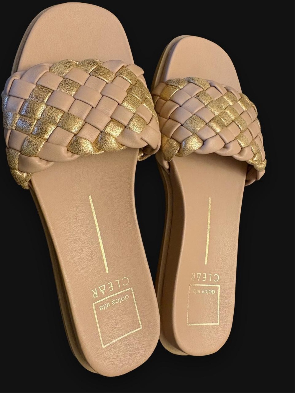 Dolce Vita Clear Woven Slide Sandal in Beige and Gold 8.5